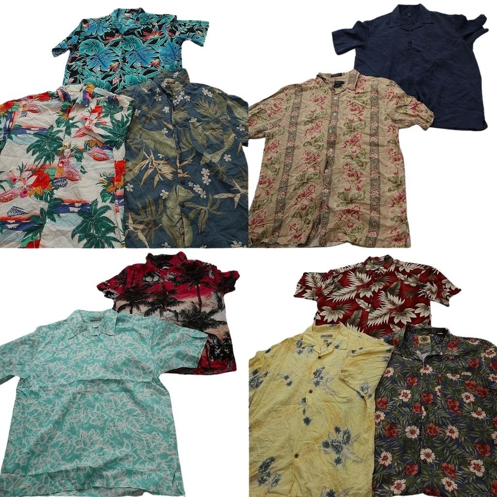 古着卸 まとめ売り 素材MIX アロハシャツ 10枚セット ( メンズ L ) ヤシの木 リーフモチーフ ハイビスカス 開襟 中古 古着 NE6868