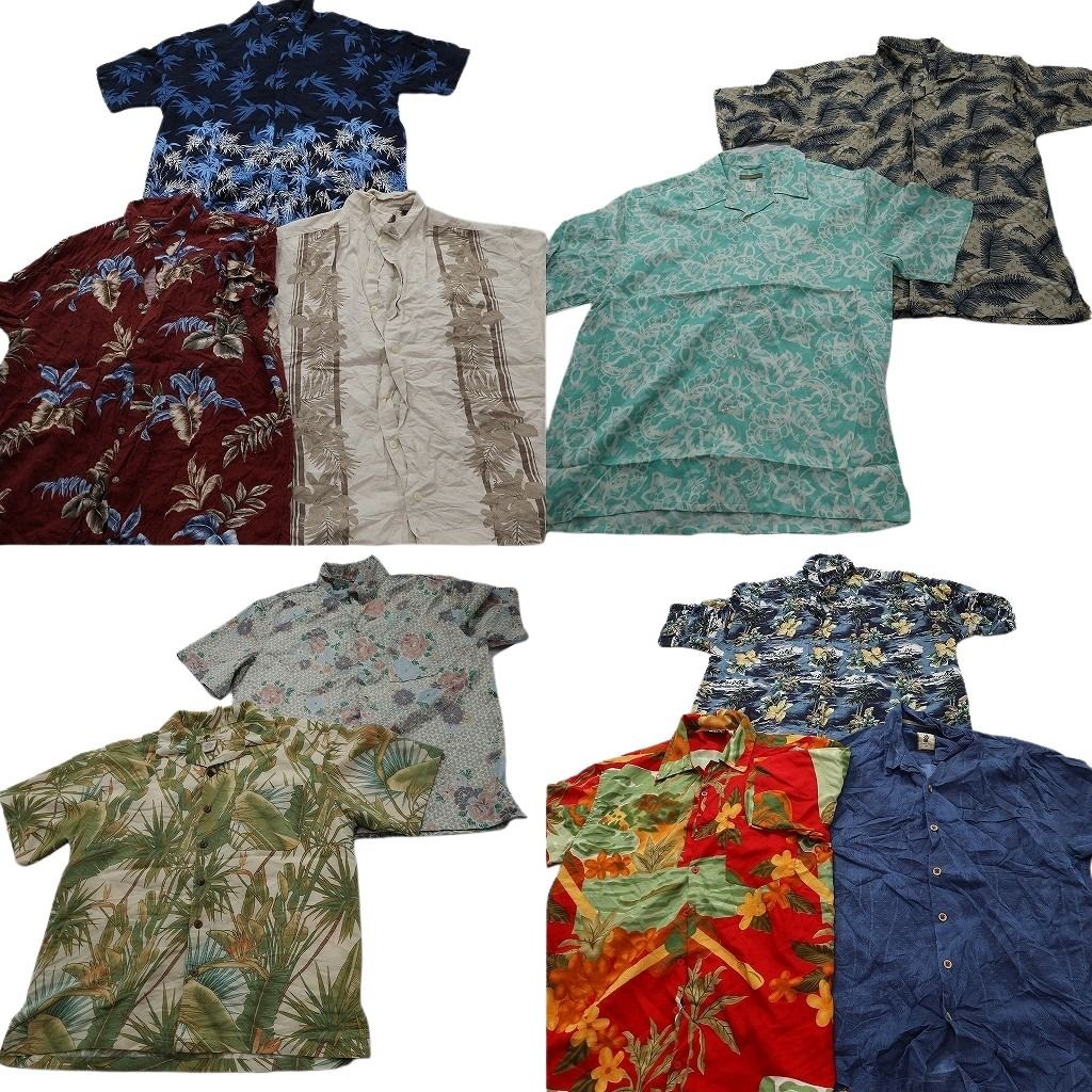 古着卸 まとめ売り 素材MIX アロハシャツ 10枚セット ( メンズ L ) リーフモチーフ オープンカラー ボックスカット 中古 古着 NE6871