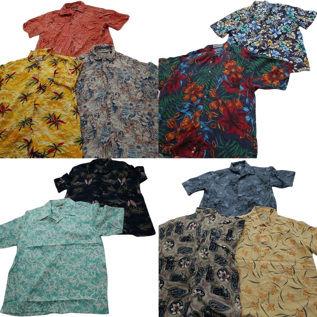 古着卸 まとめ 素材MIX アロハシャツ 10枚セット ( メンズ L ) ハイビスカス ヤシの木 リーフモチーフ ボックスカット 中古 古着 NE6872
