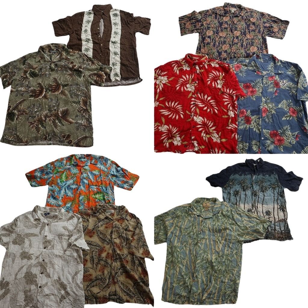 古着卸 まとめ売り 素材MIX アロハシャツ 10枚セット ( メンズ L/XL ) リーフ柄 パームツリー ホリゾンタル 中古 古着 NE6883