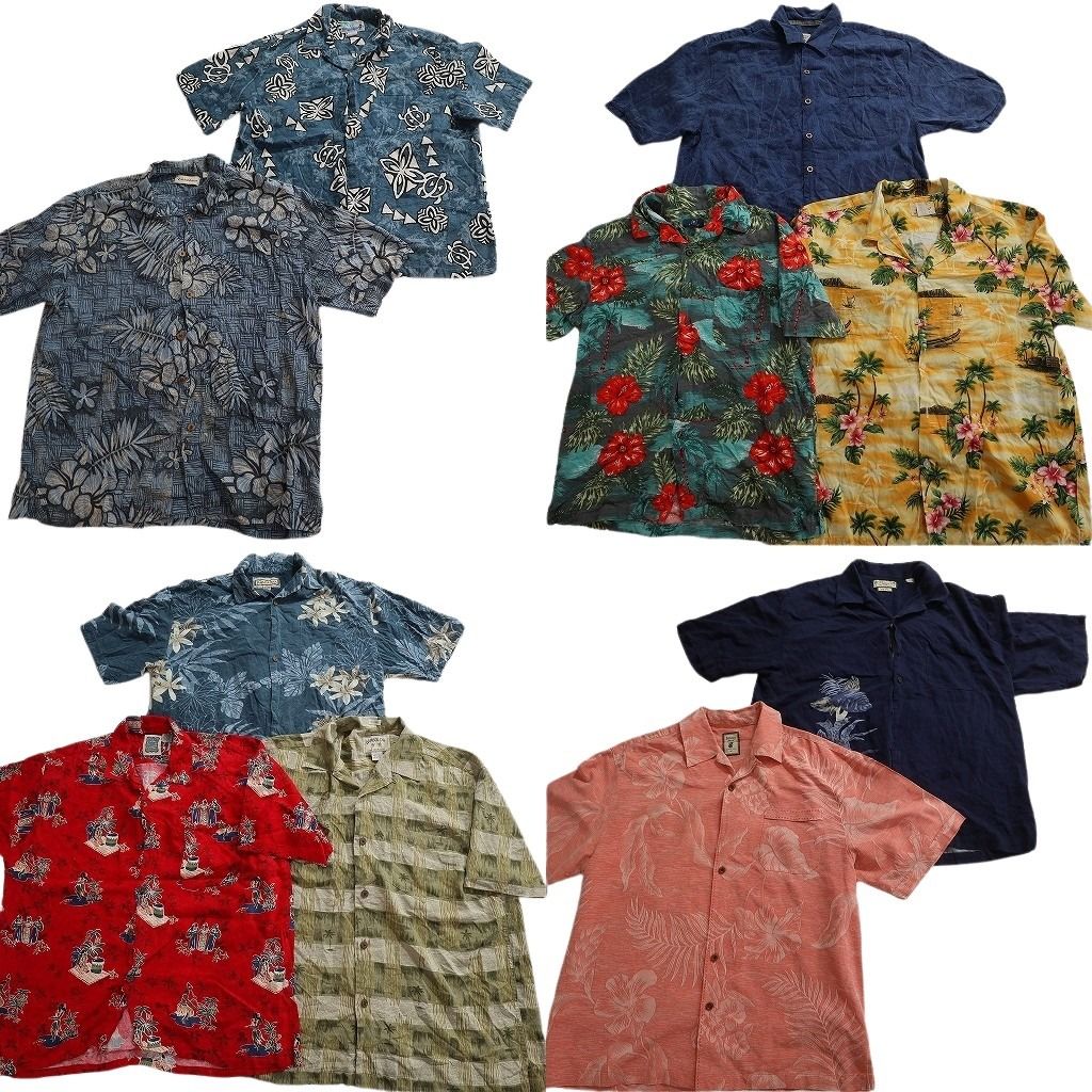 古着卸 まとめ売り 素材MIX アロハシャツ 10枚セット ( メンズ M/L ) ハイビスカス パームツリー オープンカラー 中古 古着 NE6887