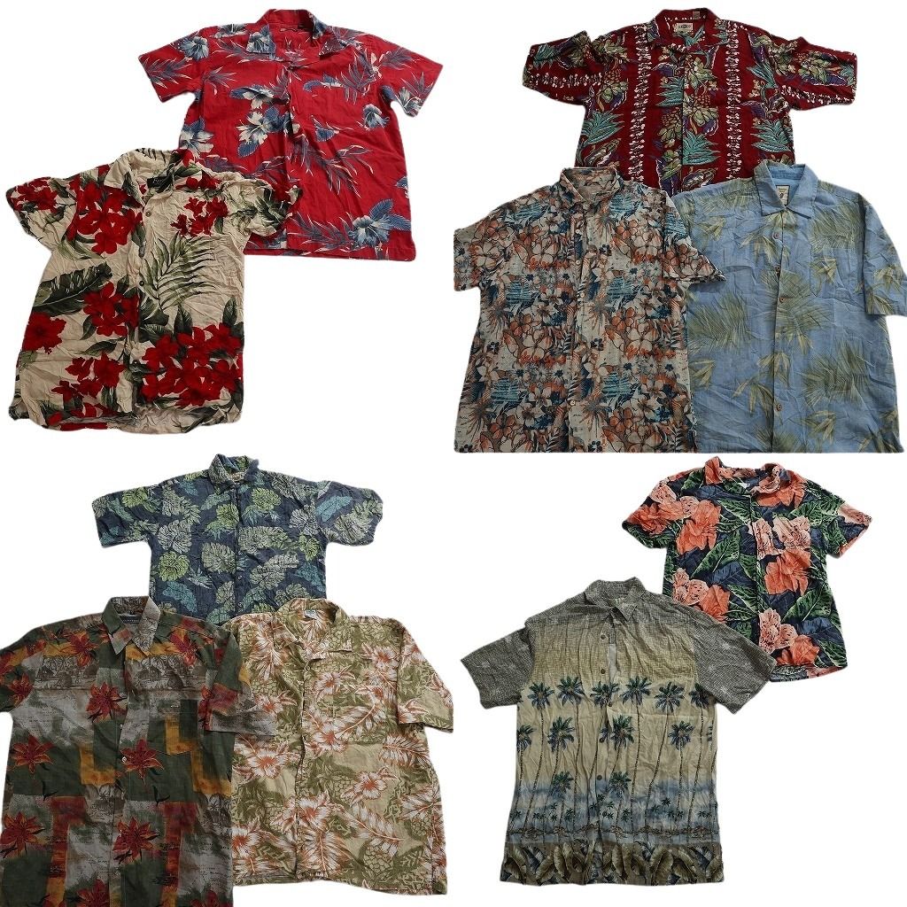 古着卸 まとめ売り 素材MIX アロハシャツ 10枚セット ( メンズ M ) ホリゾンタル ハイビスカス オープンカラー 中古 古着 NE6889