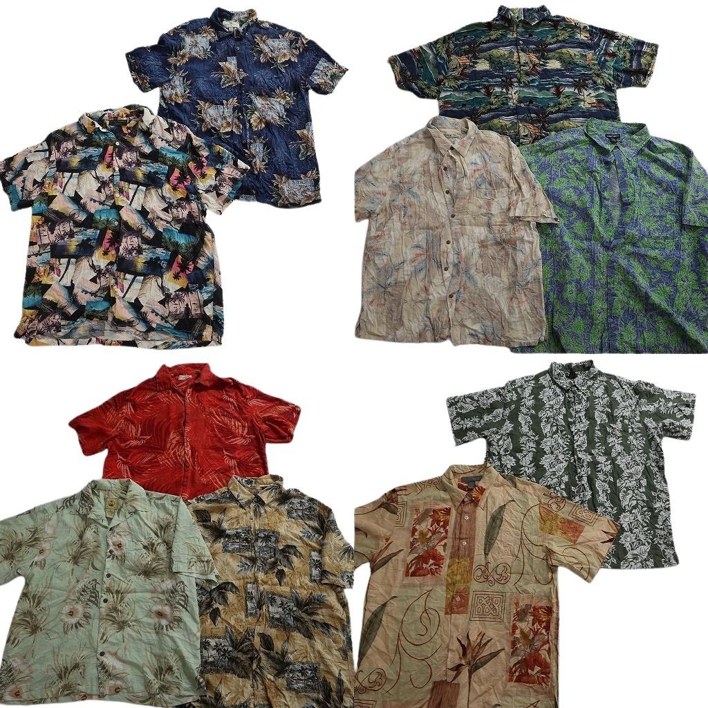 古着卸 まとめ売り 素材MIX アロハシャツ 10枚セット ( メンズ XL ) ピクチャー リーフ ボーダーパターン 中古 古着 NE6892
