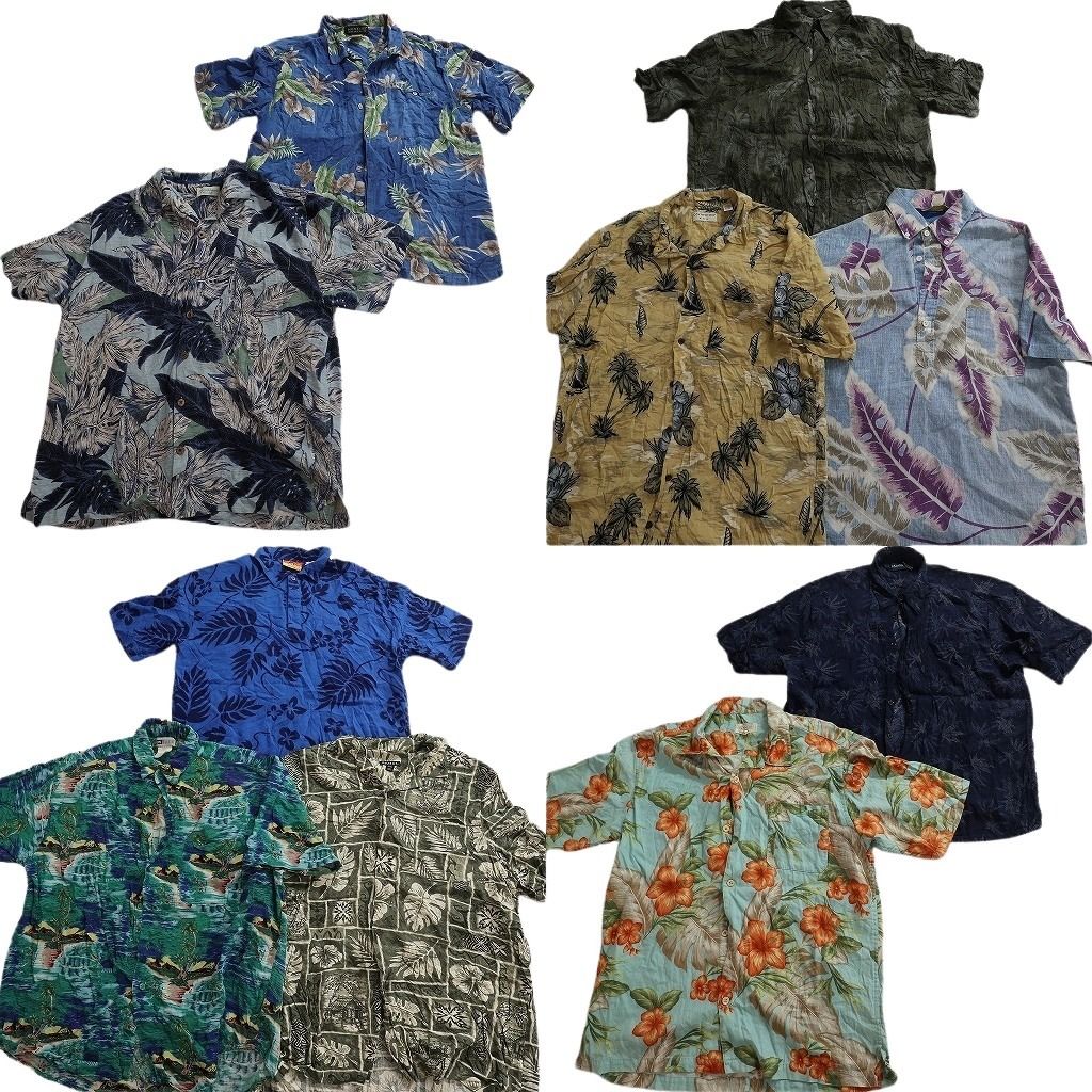 古着卸 まとめ売り 素材MIX アロハシャツ 10枚セット ( メンズ L ) オープンカラー リーフ柄 ハイビスカス 中古 古着 NE6899