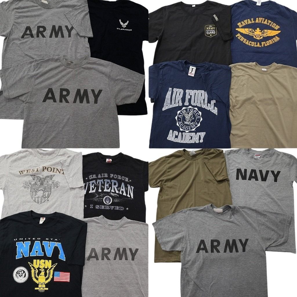 古着卸 まとめ売り ミリタリー Tシャツ 14枚セット ( メンズ XS/S/M ) ARMY AIRFORCE NAVY ブラック ネイビー ベージュ 中古 古着 NE6922