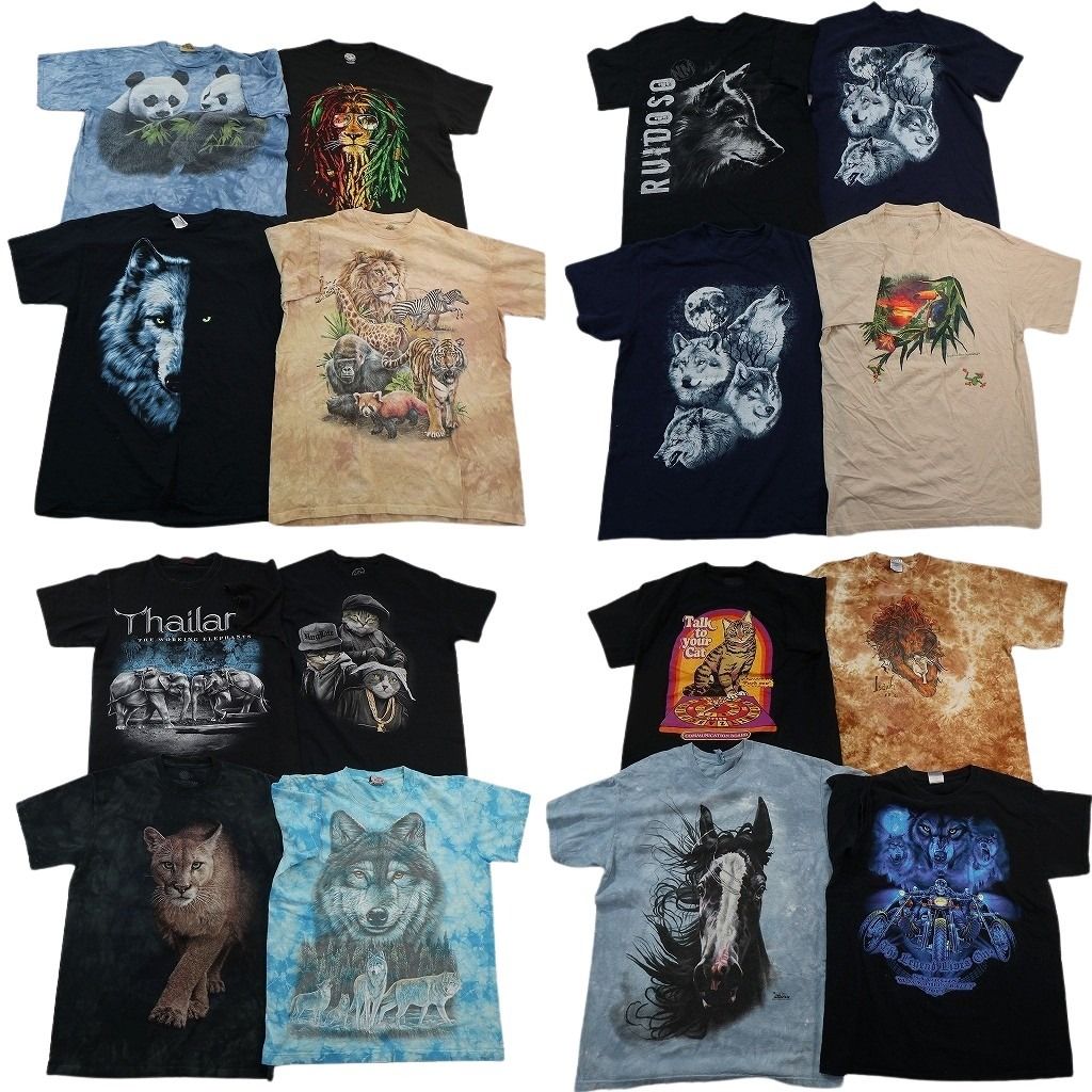 古着卸 まとめ売り アニマル Tシャツ 16枚セット ( メンズ M/L ) オオカミ ライオン キャット タイダイ柄 大判プリント 中古 古着 NE6941