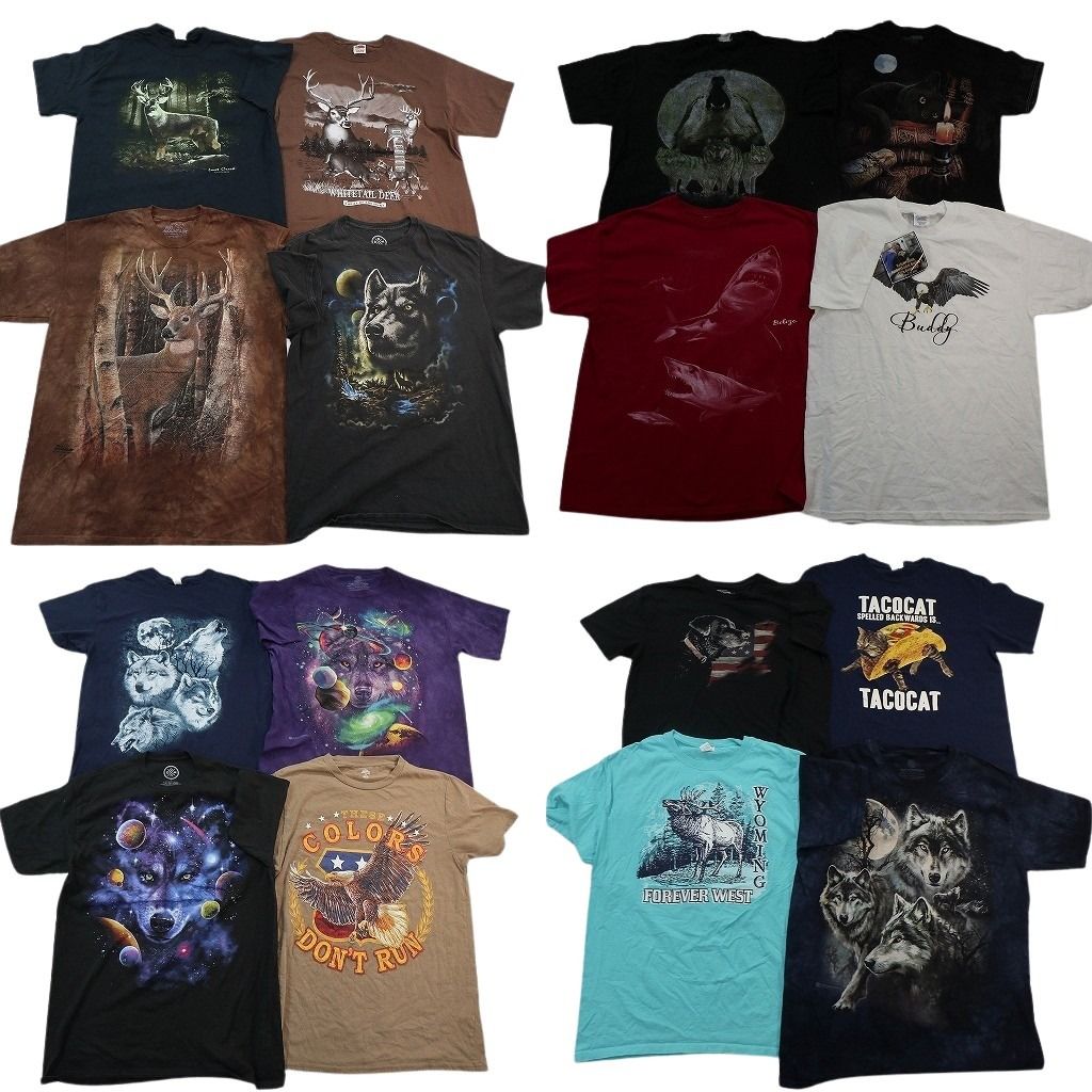古着卸 まとめ売り アニマル Tシャツ 16枚セット ( メンズ L ) オオカミ キャット イーグル ドッグ 大判プリント 中古 古着 NE6942