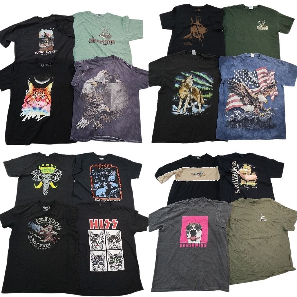 古着卸 まとめ売り アニマル Tシャツ 16枚セット ( メンズ L/XL ) イーグル キャット ドッグ オオカミ 大判プリント 中古 古着 NE6943