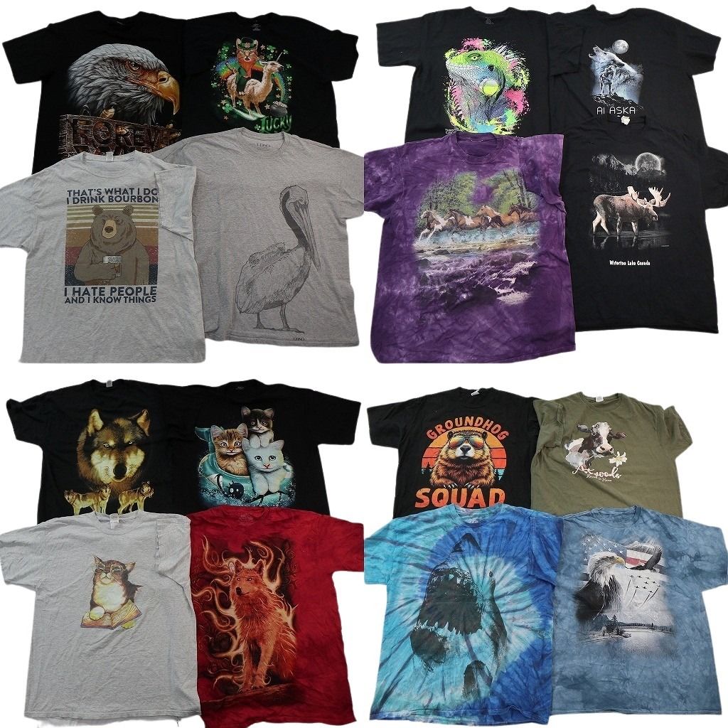 古着卸 まとめ売り アニマル Tシャツ 16枚セット ( メンズ XL ) オオカミ キャット イーグル タイダイ柄 大判プリント 中古 古着 NE6944