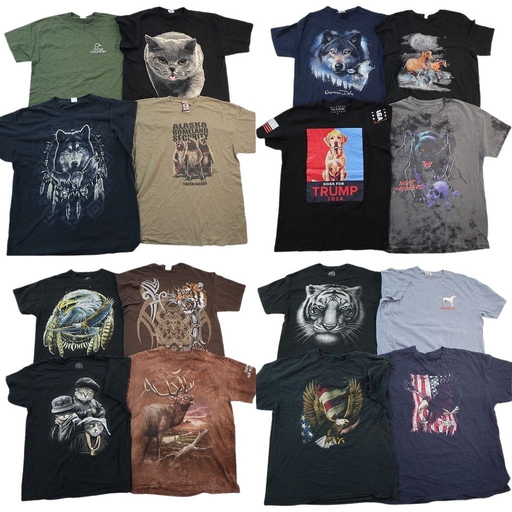 古着卸 まとめ売り アニマル Tシャツ 16枚セット ( メンズ L/XL/2XL ) キャット オオカミ タイガー イーグル 中古 古着 NE6948