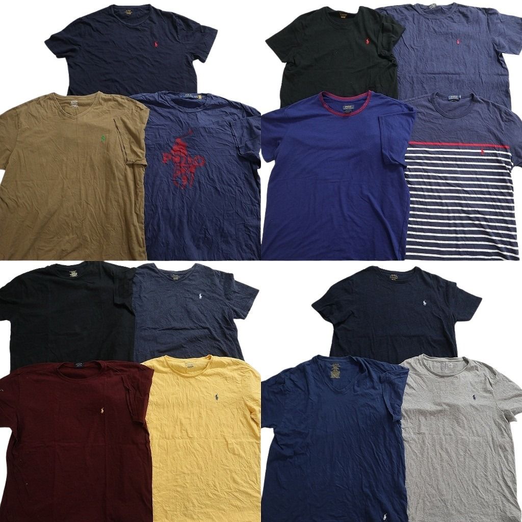 古着卸 まとめ売り ラルフローレン Tシャツ 14枚セット ( メンズ XL/2XL ) Ｖネック ワンポイント ブラック ネイビー ボーダー 中古 NE6997