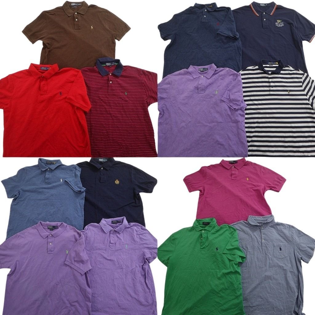 古着卸 まとめ売り ラルフローレン 半袖 ポロシャツ 14枚セット ( メンズ XL/2XL ) ボーダー ネイビー ワンポイント 中古 古着 NE7002