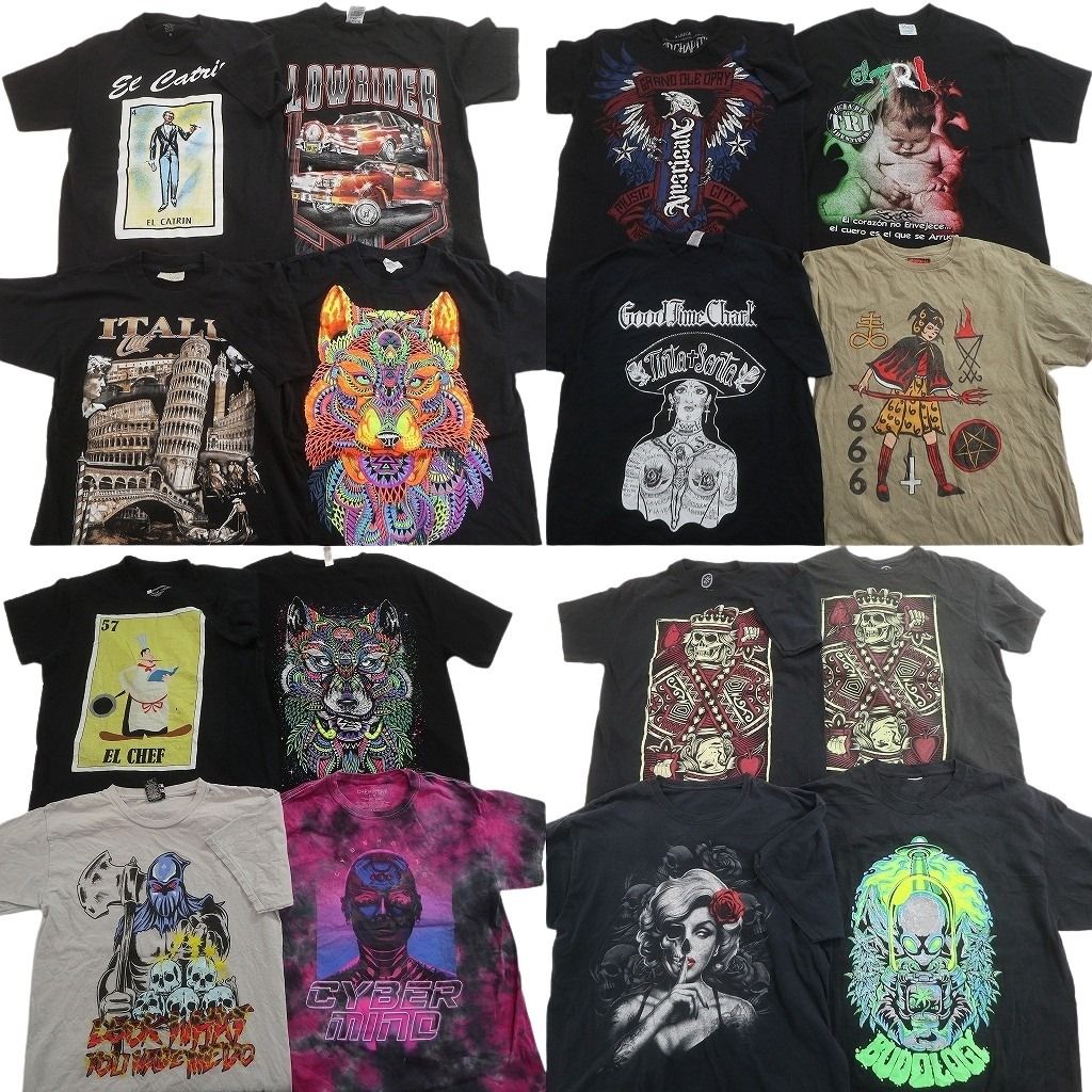 古着卸 まとめ売り 大判プリント Tシャツ 16枚セット ( メンズ M/L/XL ) 車モチーフ スカル 人物 タイダイ柄 中古 古着 NE7019
