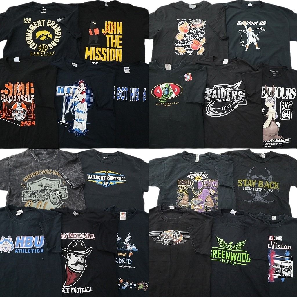 古着卸 まとめ売り 黒Tシャツ 20枚セット ( メンズ L/XL ) バイク カレッジ風 飲み物モチーフ 中古 古着 NE7023