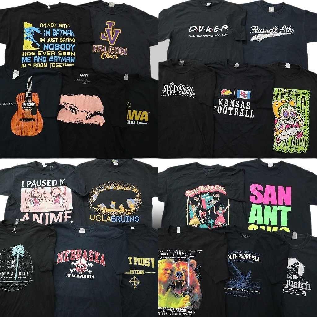 古着卸 まとめ売り 黒Tシャツ 20枚セット ( メンズ L ) ギター カレッジ風 アーチロゴ 中古 古着 NE7024