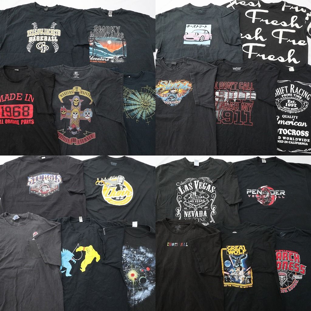 古着卸 まとめ売り 黒Tシャツ 20枚セット ( メンズ 2XL/3XL ) 宇宙柄 ポケT 大判プリント 車モチーフ 中古 古着 NE7035