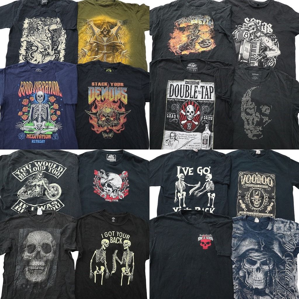 古着卸 まとめ売り スカル Tシャツ 16枚セット ( メンズ S/M/L ) 大判プリント ワンポイント バイク 中古 古着 NE7036