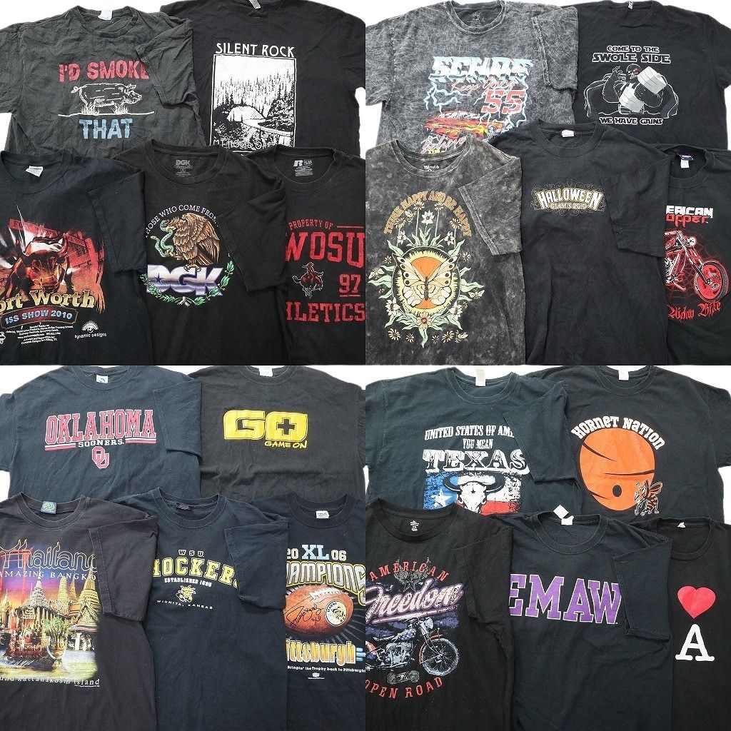 古着卸 まとめ売り 黒Tシャツ 20枚セット ( メンズ XL ) ラッセル バイク カレッジ風 中古 古着 NE7038