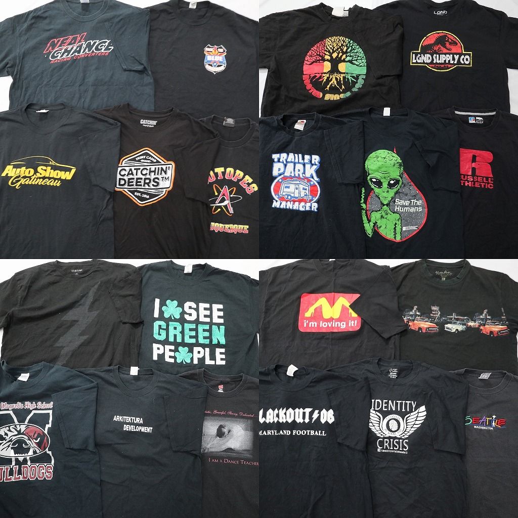 古着卸 まとめ売り 黒Tシャツ 20枚セット ( メンズ XL ) 車モチーフ ラッセル ワンポイント 中古 古着 NE7039