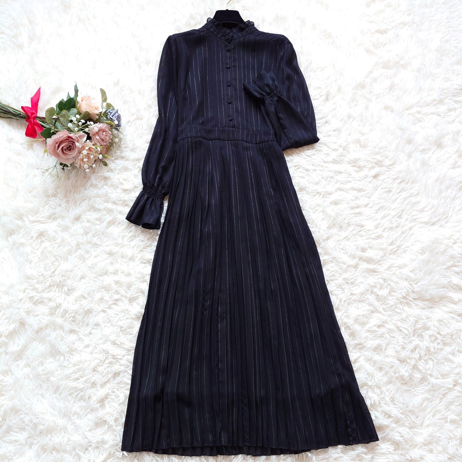 グレースコンチネンタル ダイアグラム フリル ロング シャーリング ストライプシャツワンピース ラメ ブラック 黒