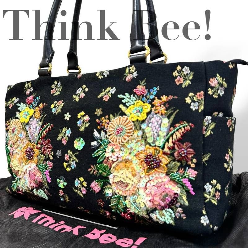☆★希少★美品★Think Bee! シンクビー!★トートバッグ 刺繍 ビーズ スパンコール 花柄 保存袋 ブラック レディース★♯2509