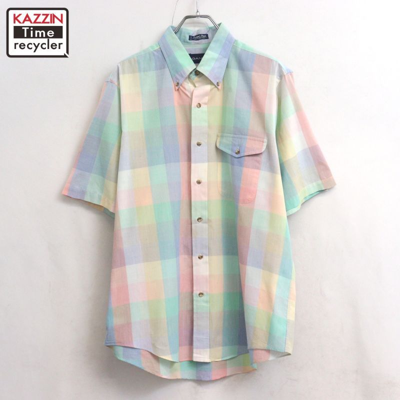 90s vintage GANT チェック柄 3点留め ボタンダウン 半袖シャツ メンズ 表記Lサイズ