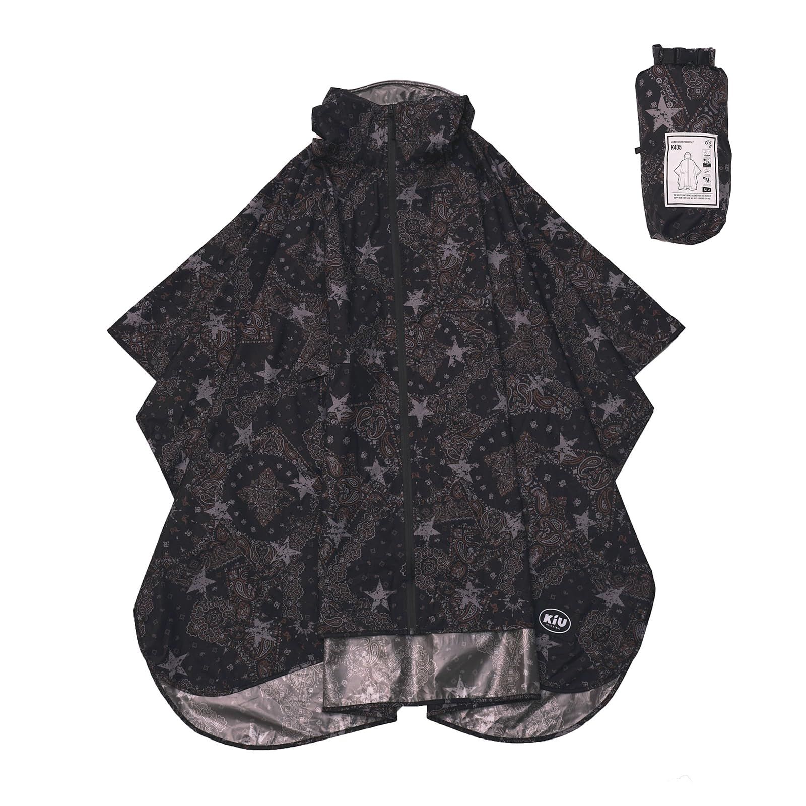 KiU キウ レインポンチョ 2ND RAIN PONCHO - 2ND 防水 撥水 はっ水 耐水 雨対策 大雨 台風 梅雨 レインコート ポンチョ 雨具 雨ガッパ 雨合羽 収納袋 ポケット おし [スターペイズリー] [リフレクターあり] [ポンチョタイプ]