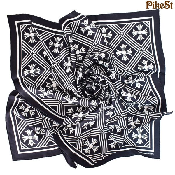 【新品】クロムハーツ スカーフ CHROME HEARTS バンダナ シルク100% バンダナ マスプラス クロス ロゴ シルク ストール ブラックマルチ 新品 CH97729b