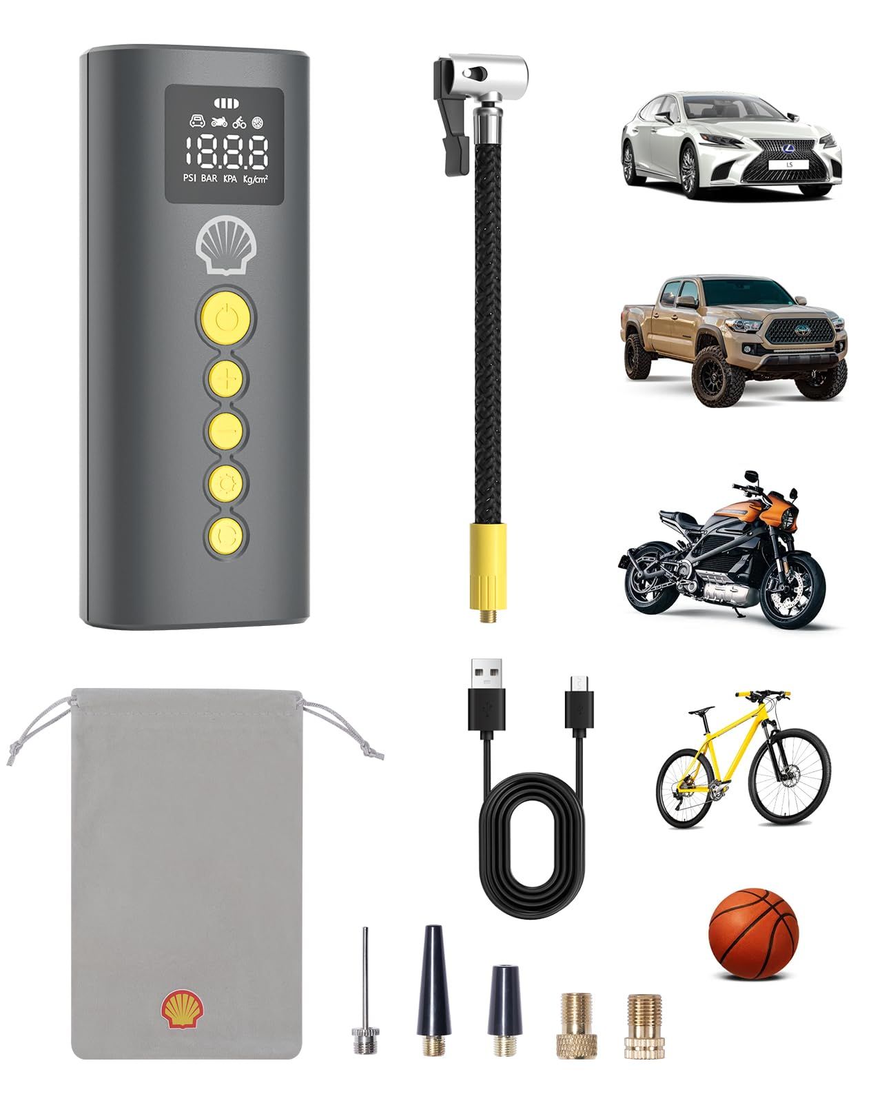 Shell シェル 電動空気入れ 6000mAh 大容量バッテリー 最大圧力150PSI 自転車 空気入れ バイク 車 用 エアコンプレッサー 小型 Type-C 充電式 コードレス 自動停止 低騒音 仏/英/米式バルブ対応 SOS/LED懐 0b17e8cd