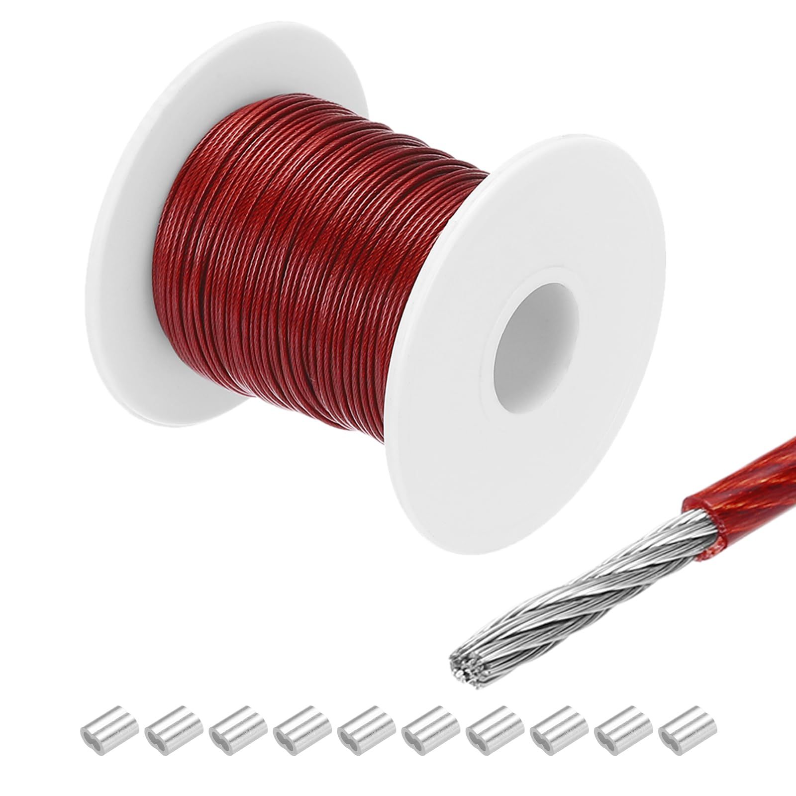 新品 uxcell 100Ft(30M) ワイヤーロープ 304ステンレス鋼ケーブル 5/64(2mm) ビニールコーティング アルミスリーブ10個付き ハンギング、クローゼット、リフティング用 レッド