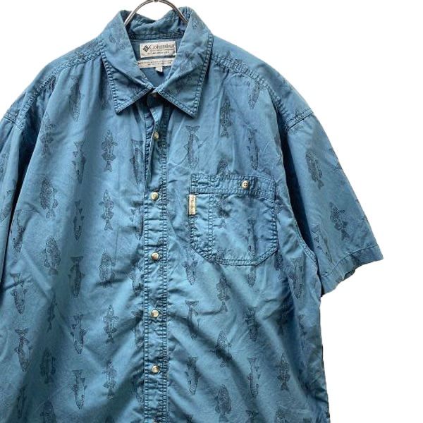 90's Columbia コロンビア フィッシュプリント 半袖 総柄シャツ (XL) 青系 魚柄 90年代 旧タグ 99年製 コットン　アメリカ古着 USED ビンテージ ヴィンテージ