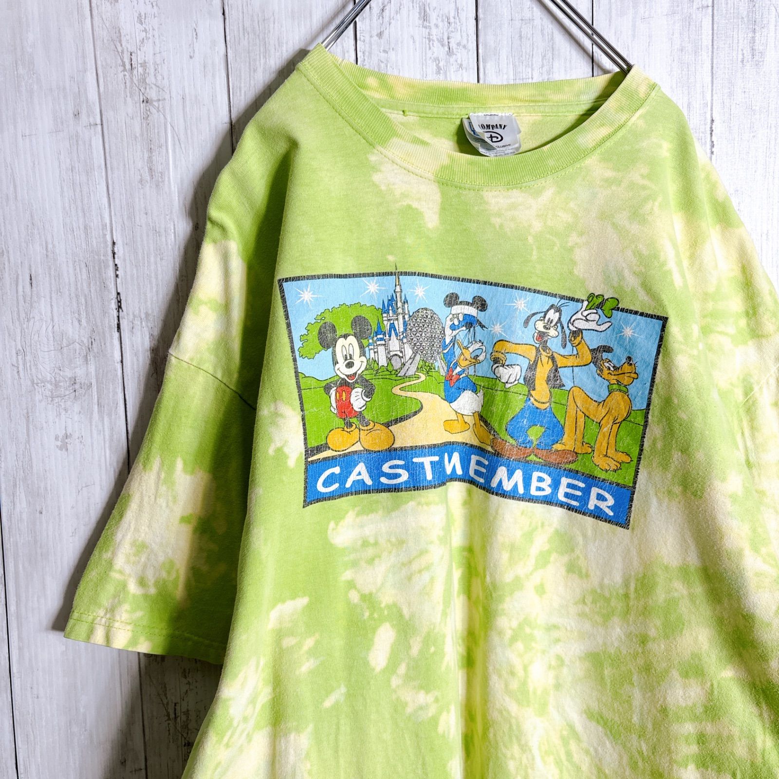 【最高モデル】90s ディズニー Disney Vintage 古着 タイダイ ブリーチ 黄緑 半袖Tシャツ #2527