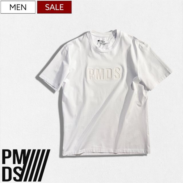 【定価29,700円(税込)】PREMIUM MOOD DENIM SUPERIOR -PMDS- ピーエムディーエス 太陽の下でエンボスロゴがカラーチェンジ！ブランドロゴ クルーネックTシャツ ティシャツ 半袖 GLOW 紫外線 フォトクロミック ホワイト
