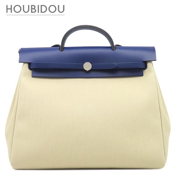 エルメス HERMES 2WAYバッグ エールバッグジップMM 39 キャンバス トワルミリタリー ヴァッシュハンター ブルーアンクル×ベージュ シルバー金具 青 ハンドバッグ ショルダー Z 【保存袋】【中古】