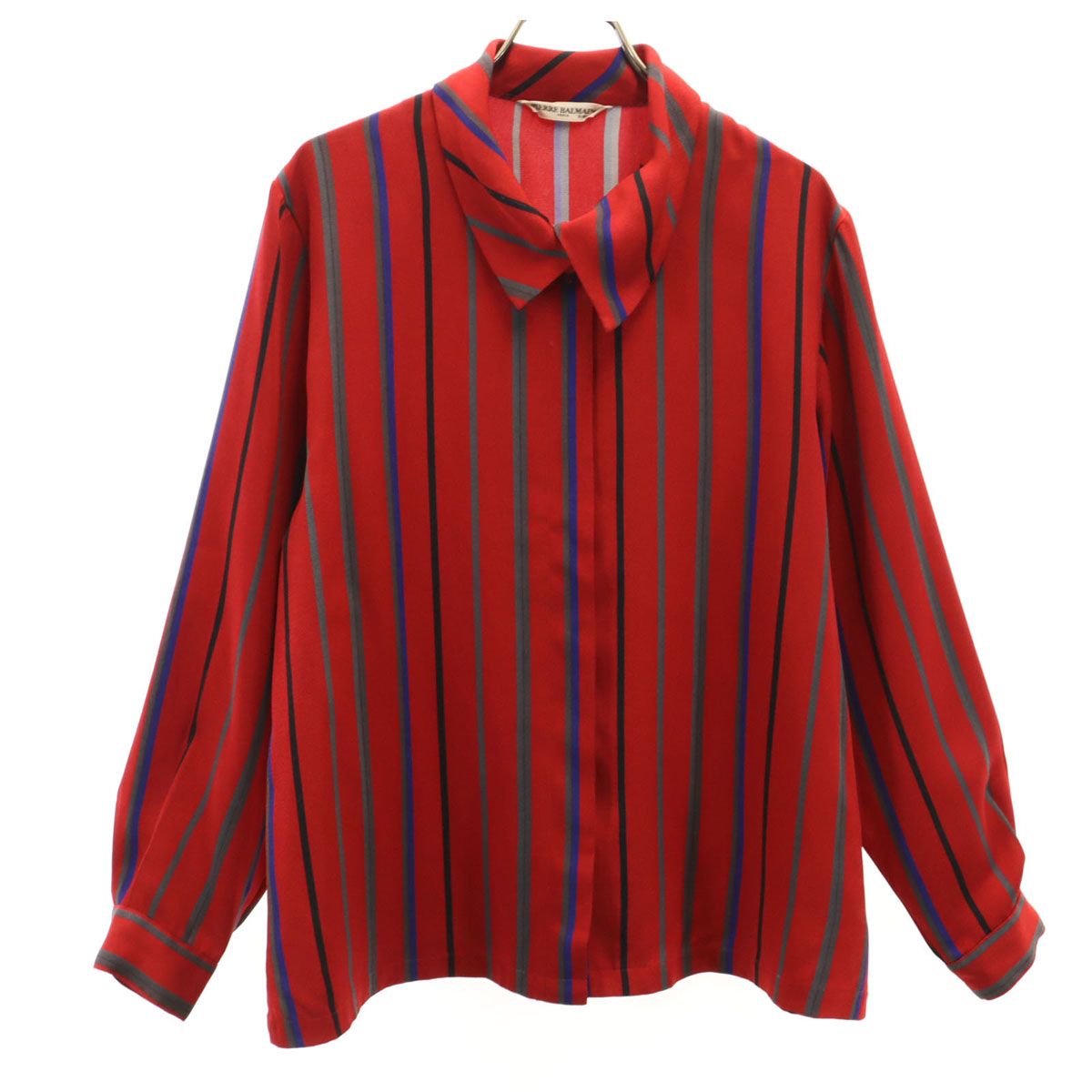 PIERRE BALMAIN ピエールバルマン 80s 90s オールド ストライプ柄 長袖 シャツ B-88 レッド 比翼 レディース 古着