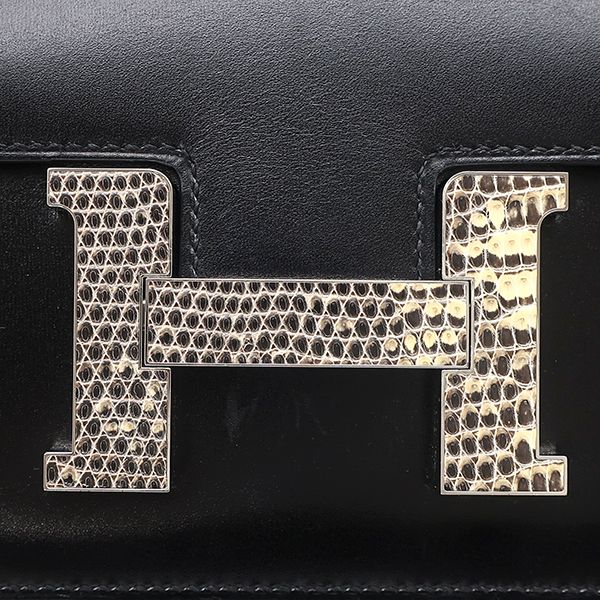エルメス HERMES ショルダーバッグ コンスタンス 23 ミロワール ボックスカーフ リザード ブラック シルバー金具 黒 リザード H金具 U 【保存袋】【中古】