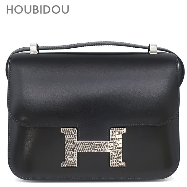 エルメス HERMES ショルダーバッグ コンスタンス 23 ミロワール ボックスカーフ リザード ブラック シルバー金具 黒 リザード H金具 U 【保存袋】【中古】