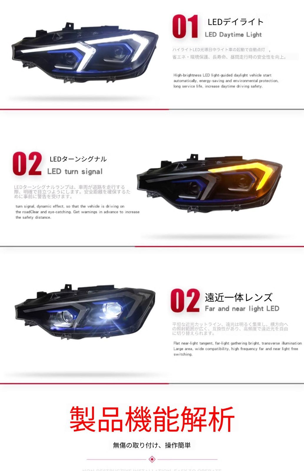 送料無料 BMW 3シリーズ F30 / F35 2013-2018 年式 専用 ヘッドライト ユニット LED デイタイムランニングライト ハイロー切替プロジェクター 補助遠光LED ドレスアップ カスタムパーツ PC製 左右1対 かっこいい