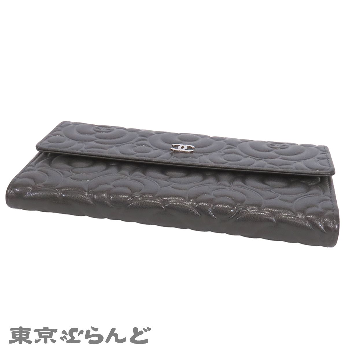 シャネル CHANEL フラップウォレット グレー シルバー金具 レザー 