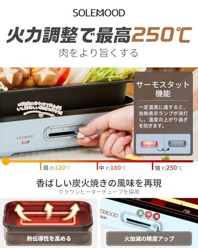 SOLEMOOD コンパクトホットプレート グリル鍋 着脱式プレート 温度調節機能付き 洗いやすい おしゃれ かわいい 1000W高出力 プレート選択可能 1~4人用 小型 ひとり暮らし にも (ホワイト, プレート2種(平面・鍋)-ブルー) b2f2ee25