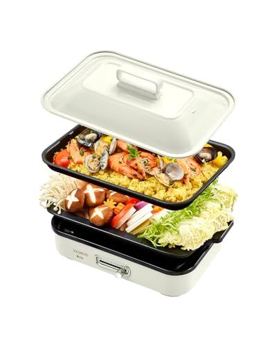SOLEMOOD コンパクトホットプレート グリル鍋 着脱式プレート 温度調節機能付き 洗いやすい おしゃれ かわいい 1000W高出力 プレート選択可能 1~4人用 小型 ひとり暮らし にも (ホワイト, プレート2種(平面・鍋)-ブルー) b2f2ee25