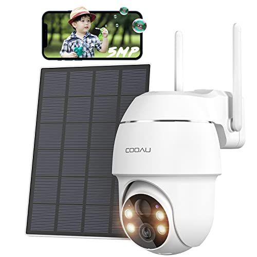【進化500万超高画素・天井/壁両用防犯カメラ】COOAU 防犯カメラ 屋外 ソーラー 4灯夜間カラー撮影 PIR人体検知 5dBiWiFi強化 360°広角撮影 PTZカメラ 監視カメラ 屋外用 電源不要 配線工事不要 ぼうはんかめら ワイ 2f119643