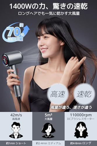 【2026春新登場・超大風量 速乾 】 ドライヤー 1400W 液晶モニター 5億高濃度マイナスイオン 57℃恒温制御 5段階温度×3段階風量 冷熱風切替 メモリー機能 軽量設計 静音 ヘアドライヤー ノズル付 壁掛けホルダー付 コンパクト 家庭用 旅行用ma
