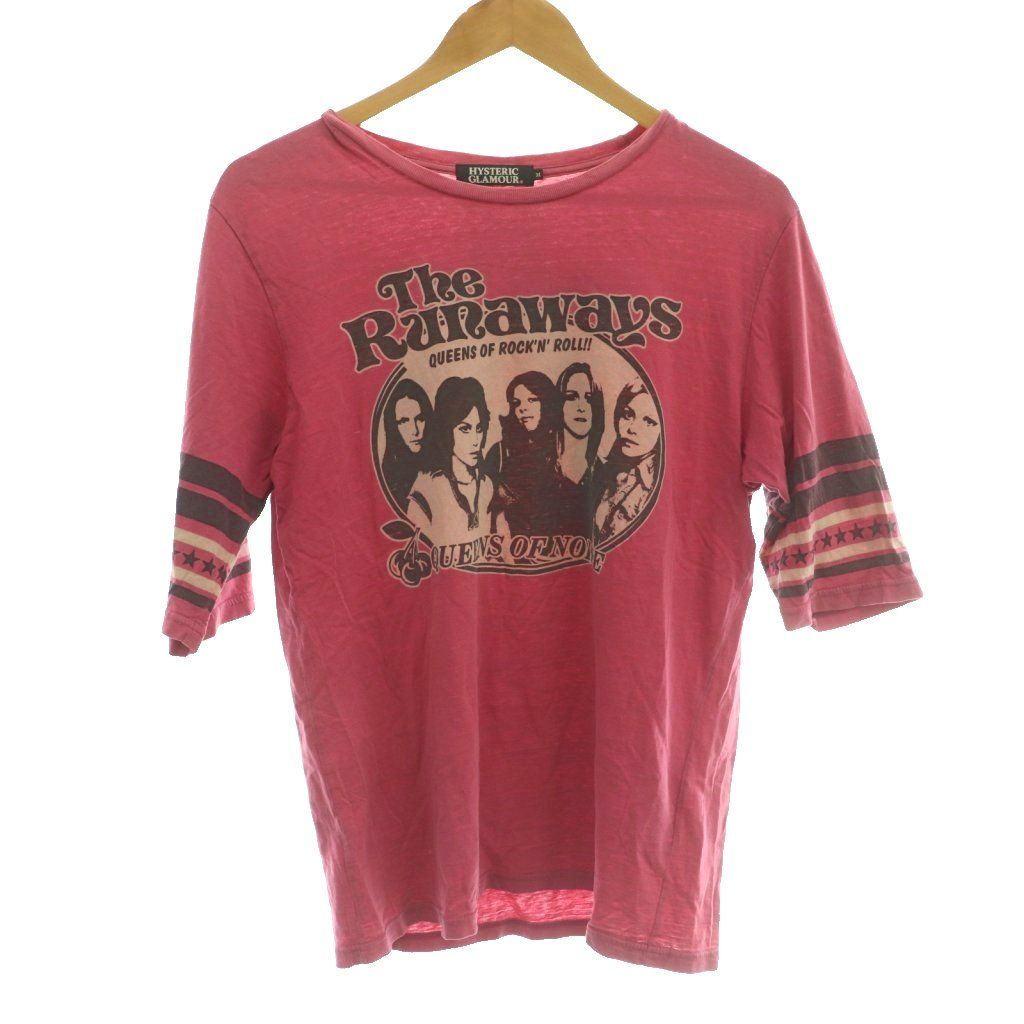 ヒステリックグラマー HYSTERIC GLAMOUR バンドTシャツ カットソー 5分袖 The Runaways プリント ヨレ加工 M ピンク 黒 ブラック /SS ■OS