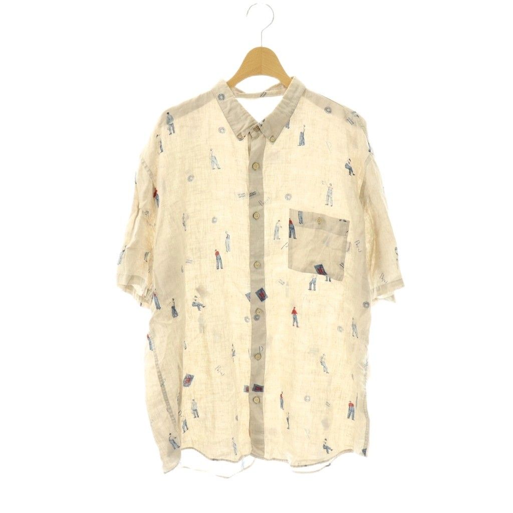 パパス Papas シャツ 半袖 リネン 総柄 LL ベージュ マルチカラー D0493FBP208 /DO ■GY11