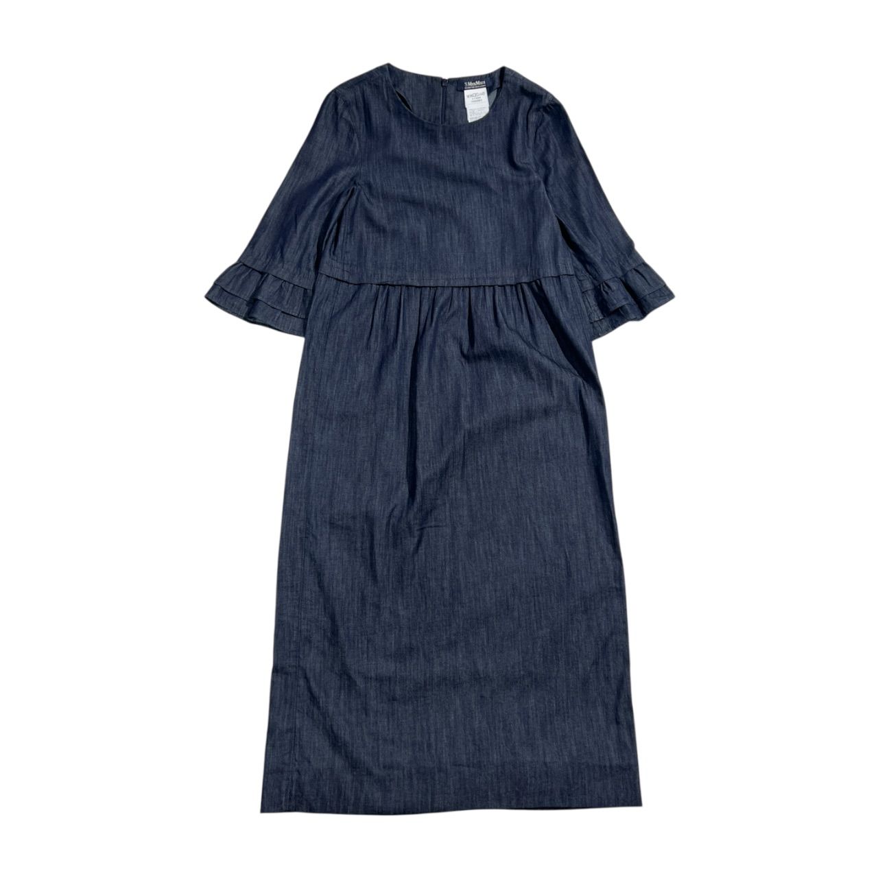S MaxMara エスマックスマーラ デニム風 シャンブレー 袖フリル 5分袖 7分袖 ロングワンピース サイズ 34/ネイビー系 レディース モロッコ製