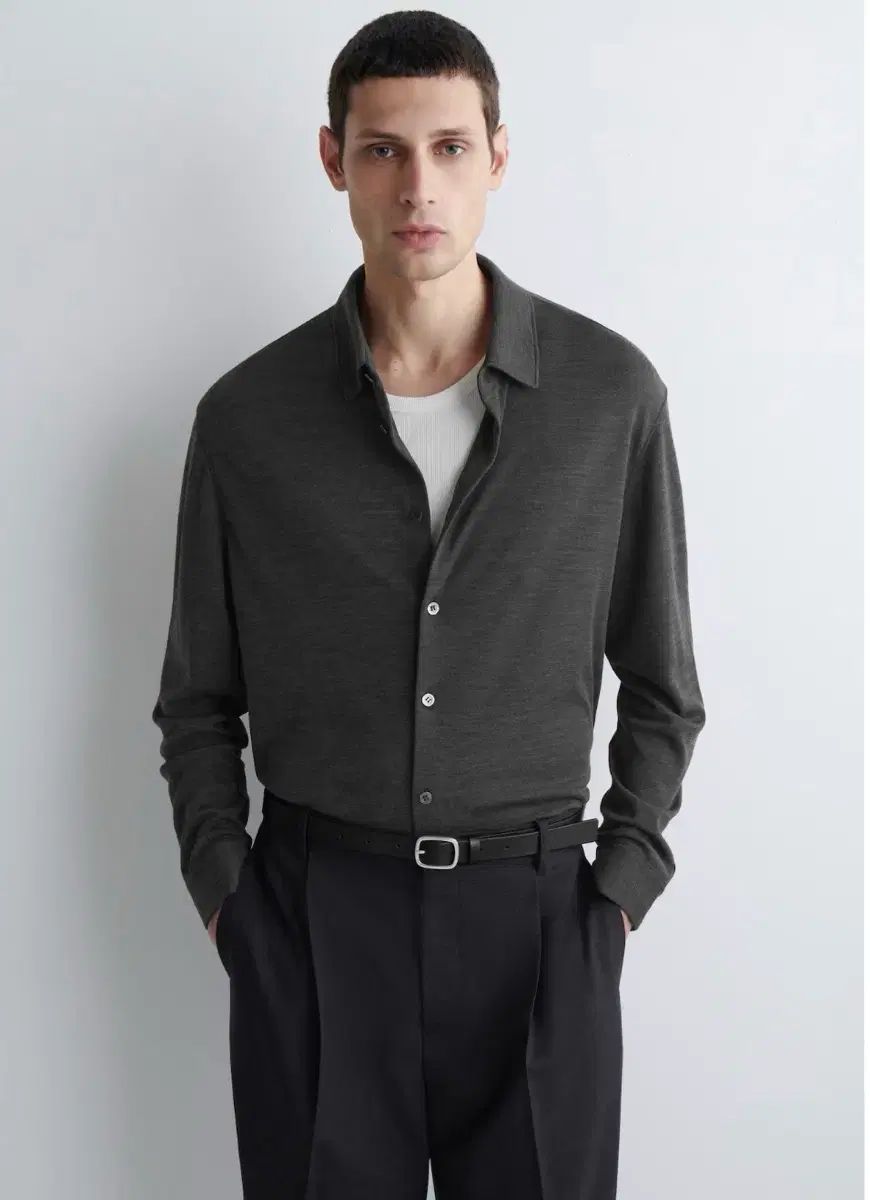 COS ウールブレンド ジャージシャツ DARK GRAY メランジ