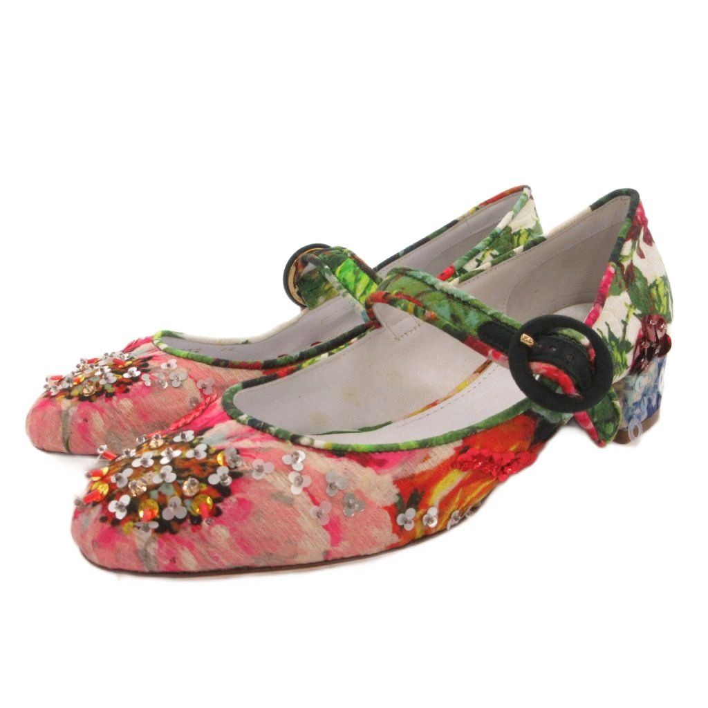 ドルチェ&ガッバーナ ドルガバ DOLCE&GABBANA パンプス ラウンドトゥ ストラップ 花柄 スパンコール ビジュー 36 マルチカラー /FF ■GY62