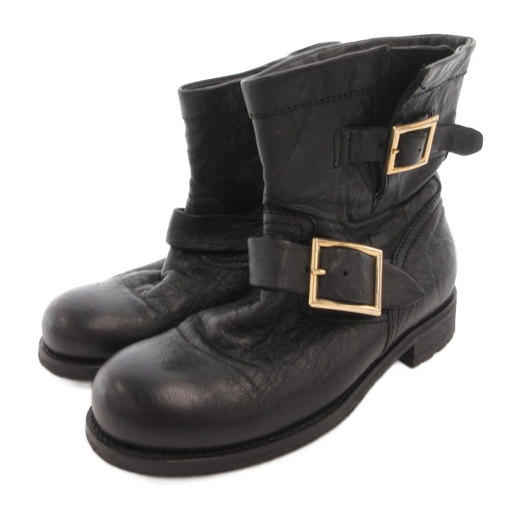 ジミーチュウ JIMMY CHOO ショートブーツ ベルトデザイン レザー ロゴ 金具 35.5 黒 ブラック /FF ■GY62