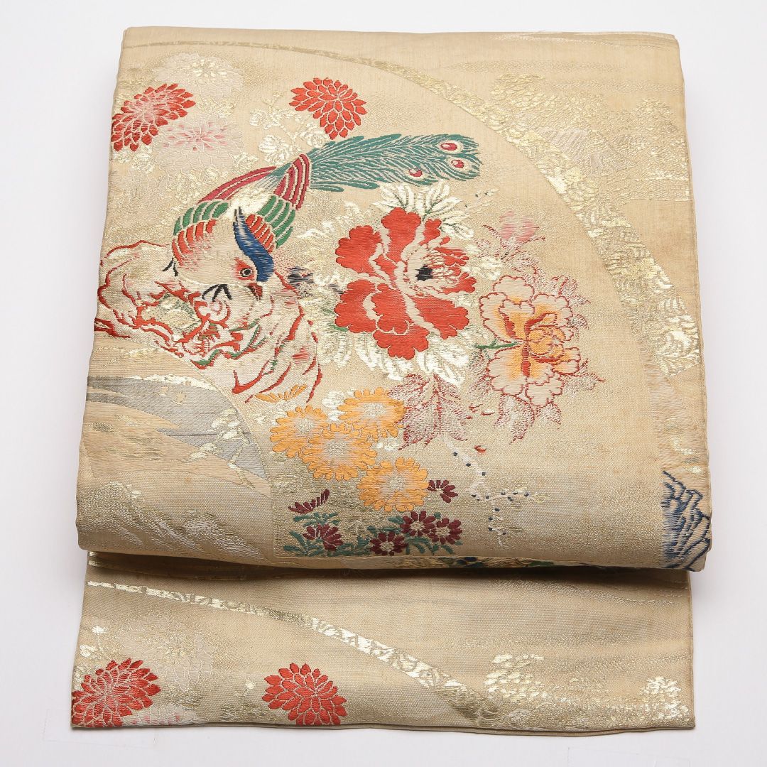 特価！アンティーク 九寸名古屋帯 帯丈334cm 正絹 六通 名古屋仕立て 織り 扇 花鳥文 牡丹 菊 ベージュ系 M4 1245-01799